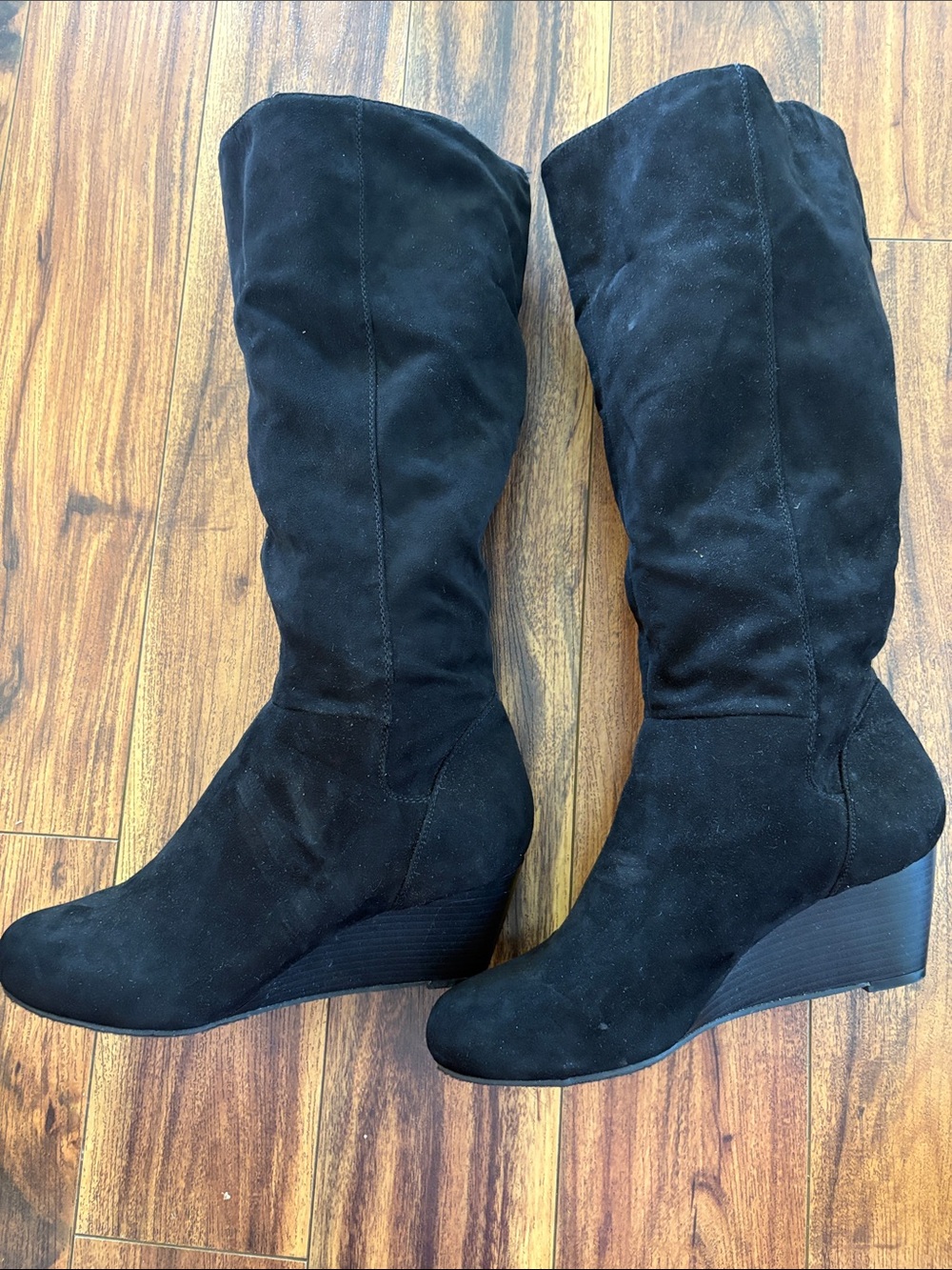 Black Suede Knee-High Wedge Boots - Women